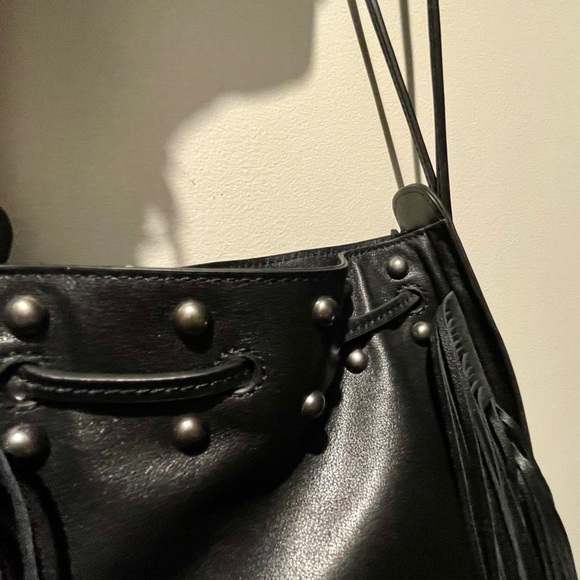 New Black Zara Fringed Leather Bucket Bag Metallic Stud Detail Limited Edition - Picture 5 of 7